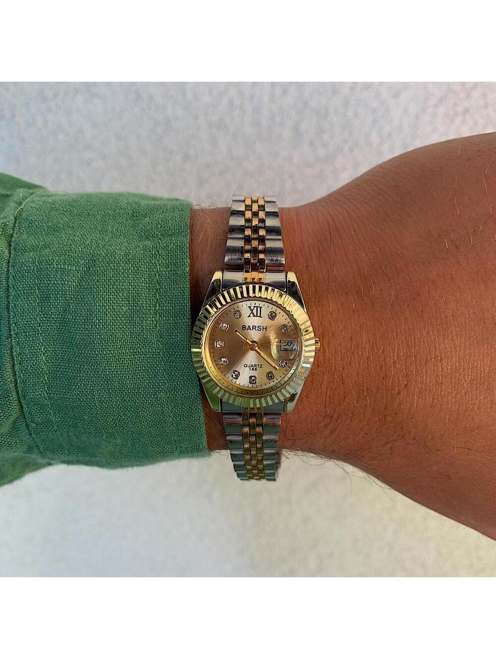 Classy Y2K Style Silver and Gold Watch with Diamond Accents